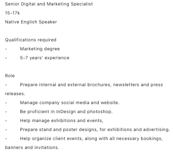 gauravprksh's tweet photo. Here's why the digital hiring ecosystem is broken. 
This role is hiring for a 'Senior' Digital &amp; Marketing Specialist 

What part of the role covers anything related to Digital Marketing? None. 

#DigitalMarketing #DigitalMarketingJobs #DubaiJobs https://t.co/XcIbneAVYS