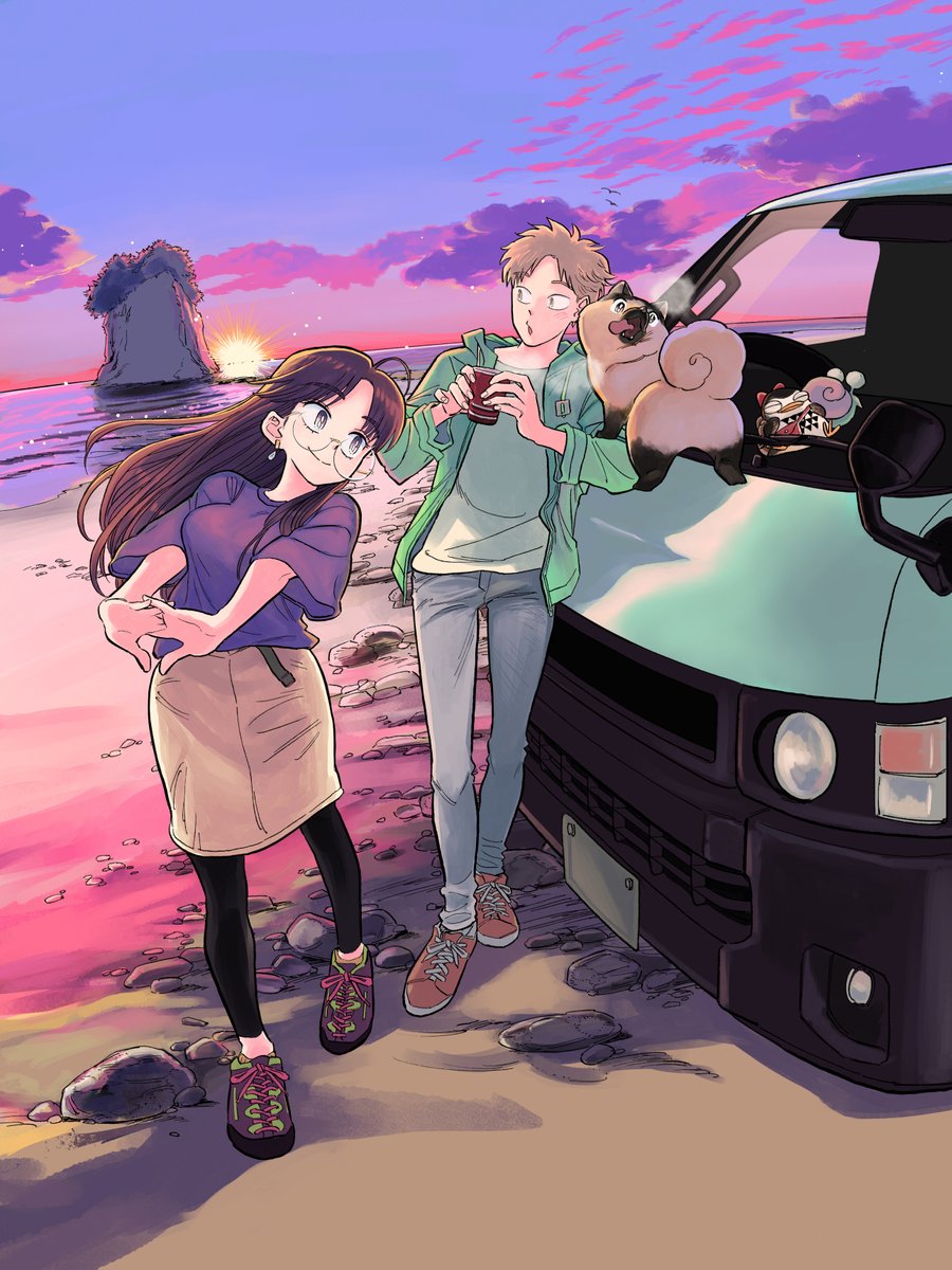 1girl 1boy ground vehicle motor vehicle glasses brown hair pants  illustration images