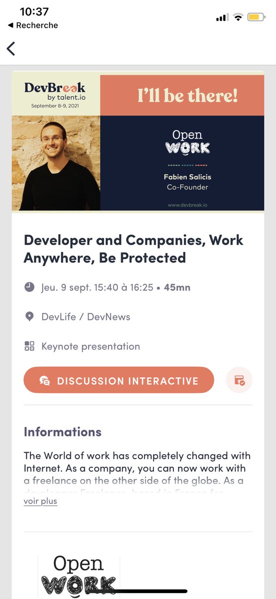 Open_Work_fr's tweet image. 👋 #devbreak, come and meet @fabiensalicis from @OpenWork_Co tomorrow @ 3:40pm to get to know more about « Developer and Companies : being protected working anywhere”. 🧡🙌🏻🙂 #futureofwork #workingiscool