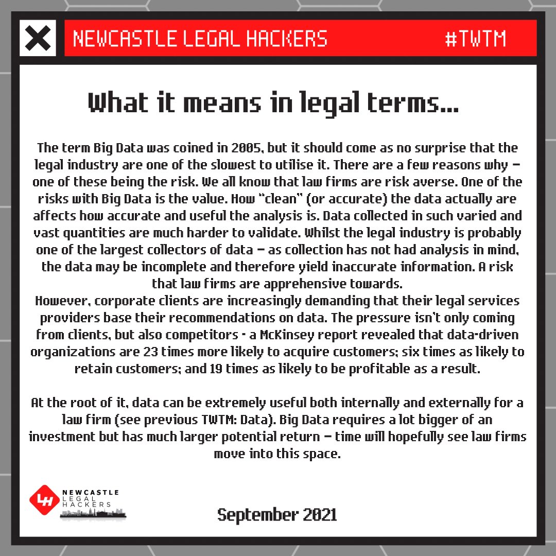 September’s Tech Word of The Month is ‘Big Data’! Make sure to follow us across our social medias to keep up to date with the Newcastle Legal Hackers! #TWTM #legaltechnology 

Instagram: @newcastlelegalhackers
Twitter: <a href="/NCLegalHackers/">Newcastle Legal Hackers</a>
LinkedIn: lnkd.in/gXG29PW