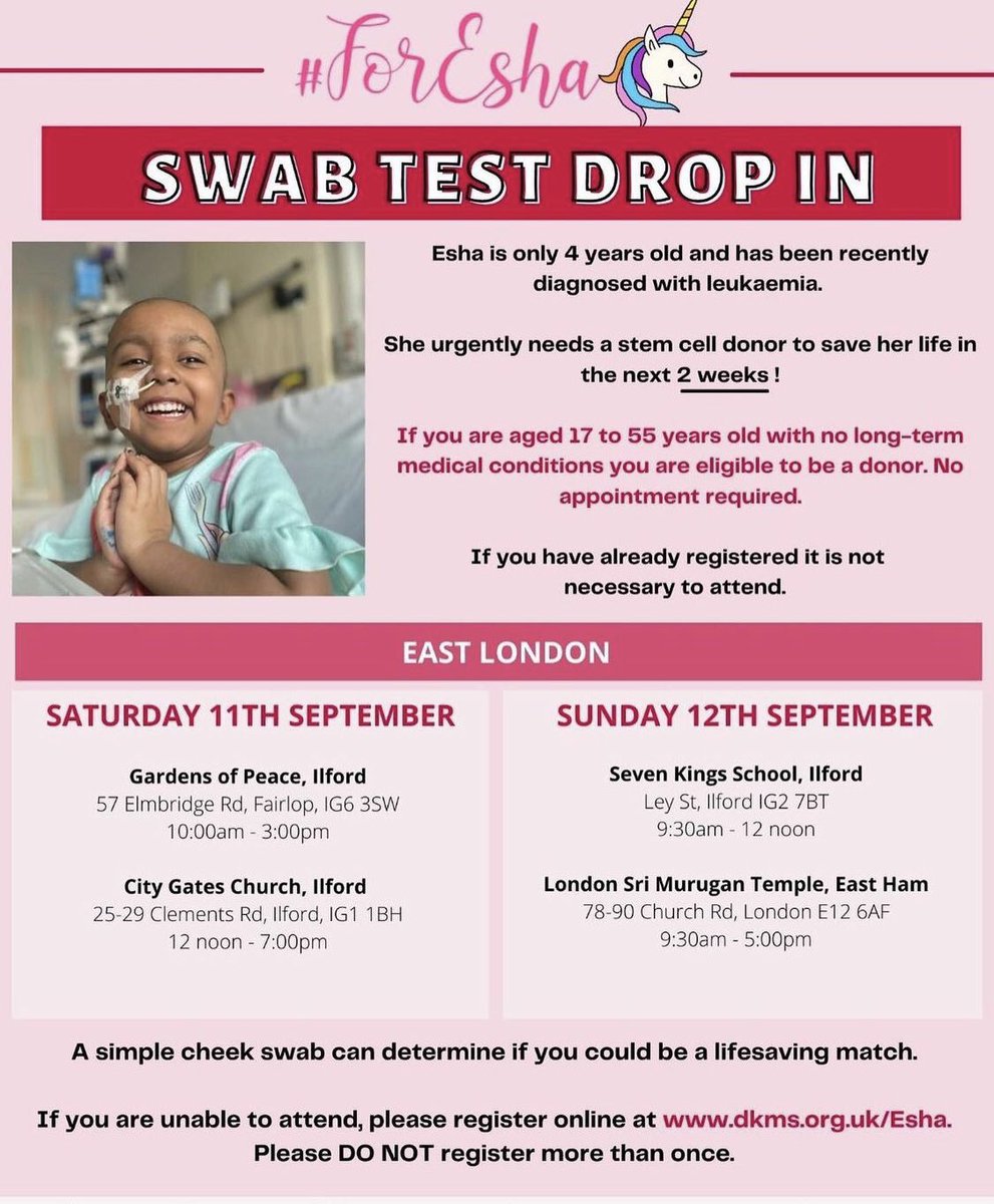 URGENT PLEA : We have a few swab test drop-in centres lined up, PLEASE make sure you attend these if you haven’t registered to become a donor already. ESHA ONLY HAS 2 WEEKS TO FIND A MATCH❗️ Please keep up to date with our website for more information. #ForEsha #DKMS