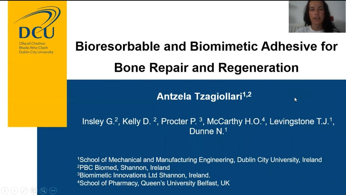 Angela's (@Antzela_DCU) live poster presentation session will occur at 1pm (Irish time) today at #ESB2021. Her work involves developing biomimetic adhesives for application in bone repair and regeneration. @njdunne_lab @TLevingstone @pbcbiomed @Prof_H_McCarthy @DCUEngineering