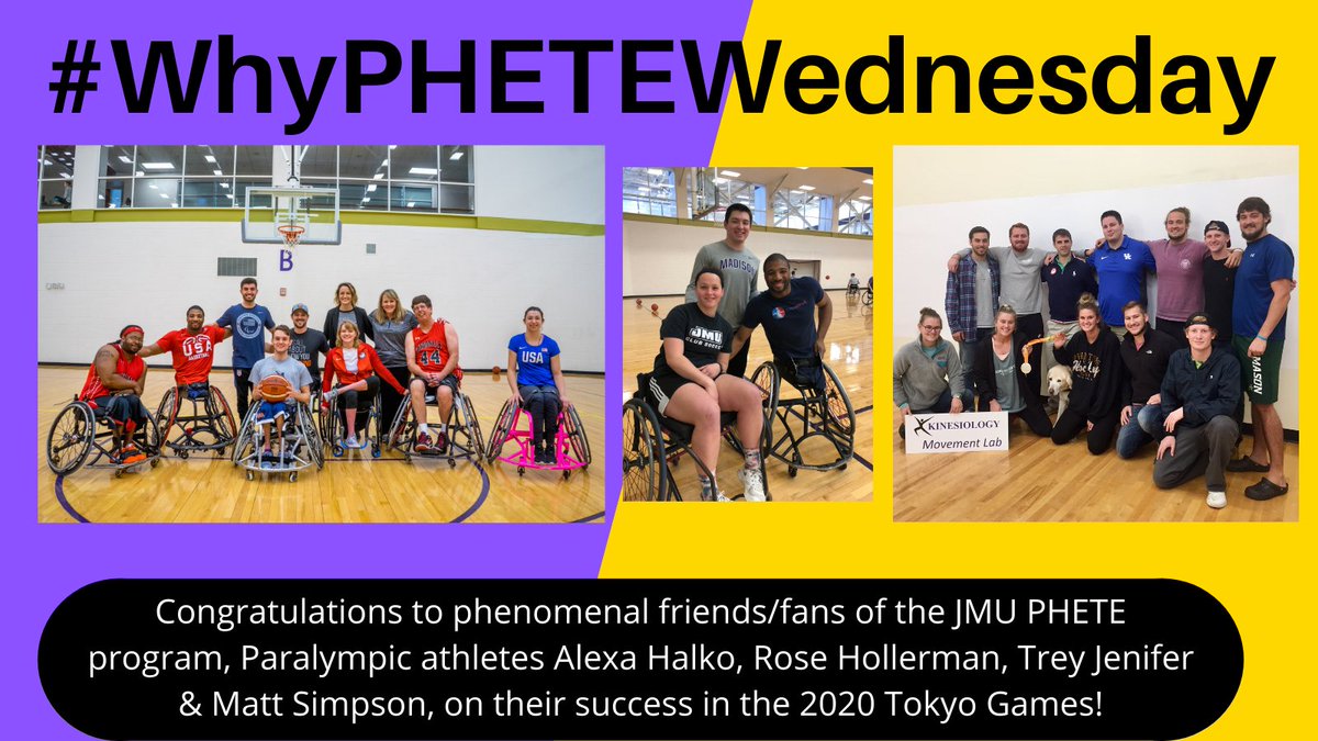 #WHYPHETEWednesday Congrats to <a href="/trevon_jenifer/">Trevon(Trey) Jenifer</a>, <a href="/RhollerMN/">Rose Hollermann</a>, <a href="/simpson_matt/">Matt Simpson</a>, and Alexa Halko, friends and fans of the <a href="/JMUPHETE/">JMU PHETE (Physical & Health Education Teacher Ed)</a> <a href="/jmu_kinesiology/">JMU Kinesiology</a> program, on their success at the <a href="/Tokyo2020/">#Tokyo2020</a> @paralympics.