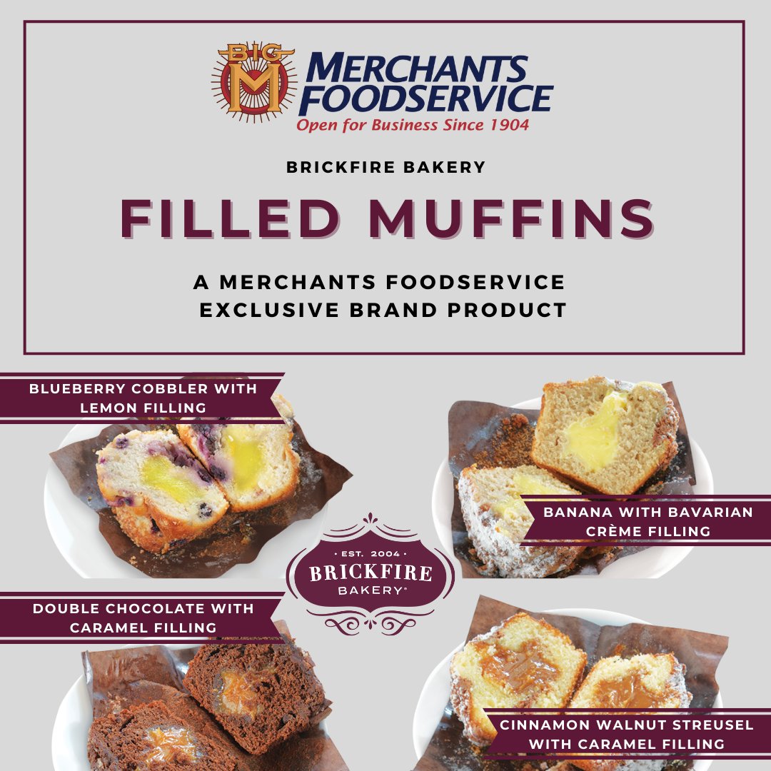 MerchantsFS's tweet photo. Are your breakfast sales hitting the snooze button? Then add our delicious filled muffins to your menu! Blueberry Cobbler with Lemon, Double Chocolate Chunk with Caramel, Cinnamon Streusel with Caramel, and Banana with Bavarian Cream!
#BigM #Foodservice #Breakfast #Muffins https://t.co/mHi4jUtgRp