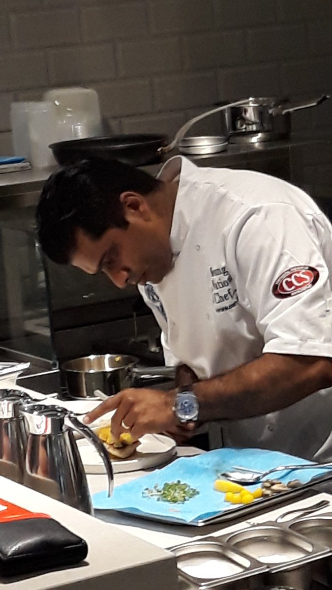HITTraining's tweet photo. Next up @dhrishikesh showcasing his interpretation of classic fish & chips!🐟
His twist includes Norwegian cod, saffron potatoes, saffron tuile, tartare sauce, jalapeno emulsion & wasabi cress.
Anyone else jealous of all the #chefs at @Craft_Guild's #NCOTY & #YCOTY masterclass? https://t.co/BopqHs0ELK