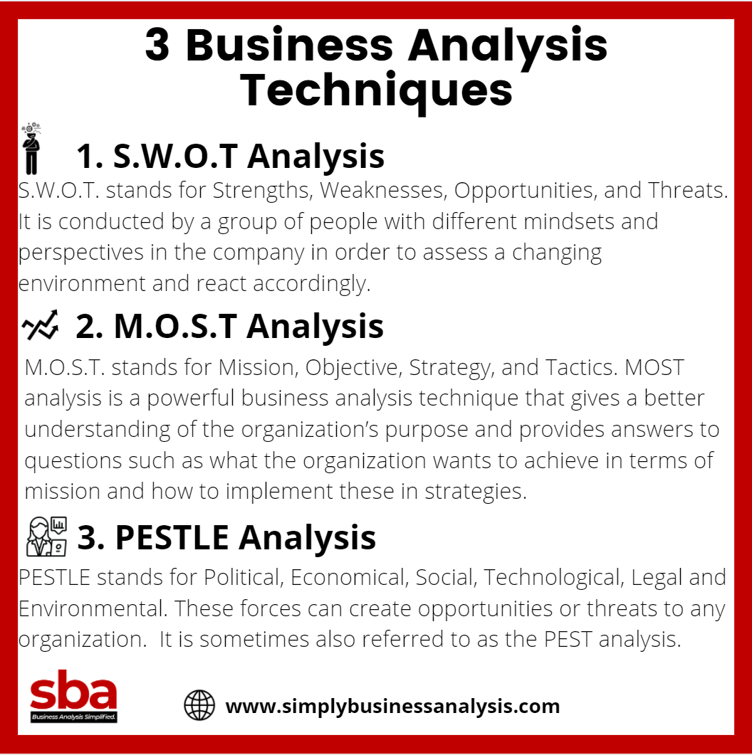 SimplyBA's tweet image. Have you tried these techniques as a Business Analyst? Let&apos;s vote in the comments. 

What do you think is more important: SWOT Analysis, MOST Analysis or PESTLE Analysis. You can only pick one. 

#BusinessAnalysis #AnalysisTechniques #Analysis #SimplyBusinessAnalysis