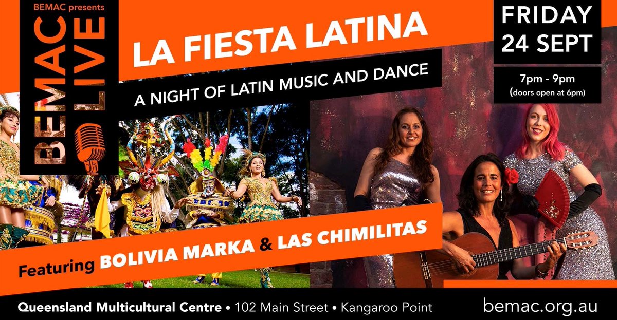 Get your early bird tix for La Fiesta Latina! Get ready for a night festivity, folklore, and raw energy! 
🇧🇴#BoliviaMarka, a traditional Bolivian dance group will mesmerize &amp; #LasChimilitas will inspired you with Spanish and Latin melodies 🇪🇸bemaclivefiesta.eventbrite.com.au #brisbanearts