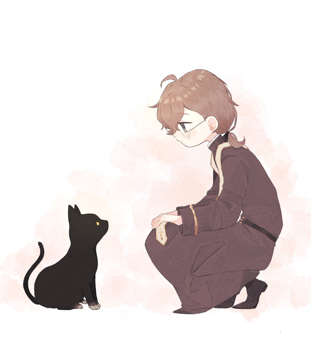 1boy male focus black footwear brown hair glasses cat ponytail  illustration images