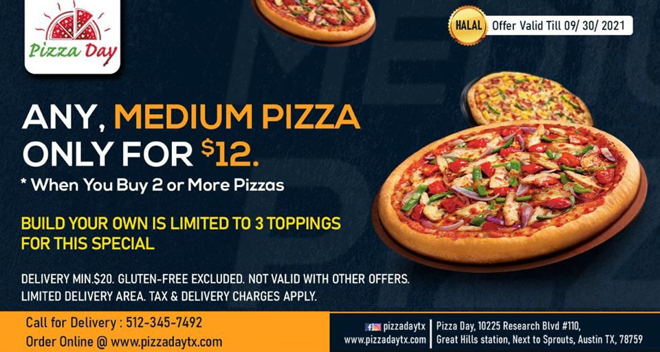 Medium Pizza Offers!
Call to Order: 512-345-7492
Visit: pizzadaytx.com

#pizzadaytx #austintexas #austinpizza #idreamofpizza #pizzaparty #iwantpizza #pizzaforever #austineats #keepaustineatin #eataustin #atxfoodblogs #atxfoodtime #austincatering #eateraustin #atxdelivery