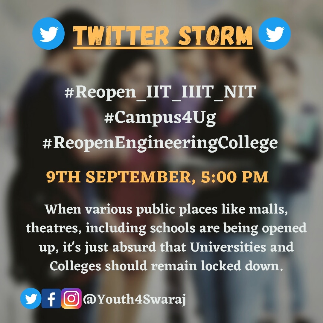 Youth4Swaraj's tweet image. Join us in this fight to reclaim pur campuses.

Support the students.

#ReopenEngineeringCollege #ReopenUniversities