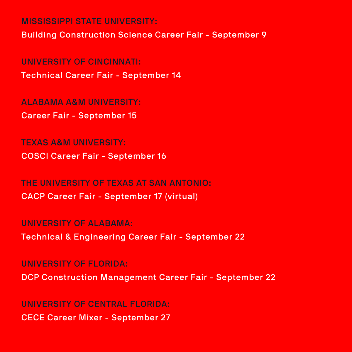 RobinsMorton's tweet photo. Coming to a campus near you! Swipe to check out all the career fairs we will be attending this fall. We canβt wait to meet you.
Learn more about becoming a True Builder.
https://t.co/0RNnNOMDGD
#TrueBuilder #rmcareers #buildingwithpurpose https://t.co/Mx1xMaRTcX