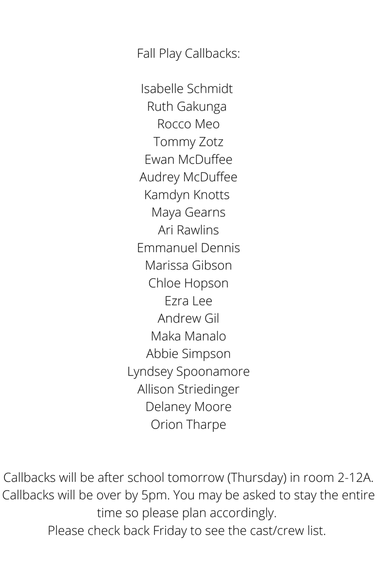 Here are the callbacks for the play. If your name is on the list please be prepared to stay after school tomorrow (Thursday) from 2-5pm in room 2-12A!