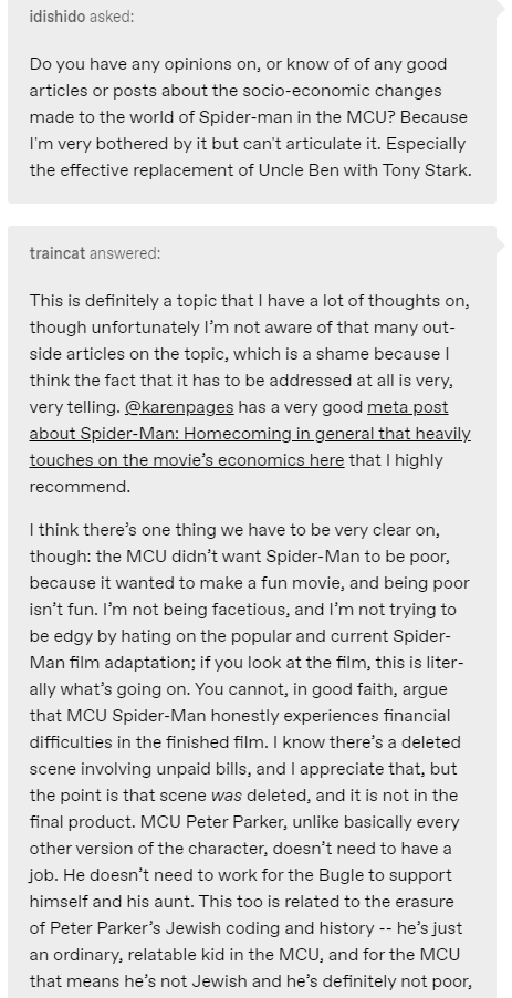 this reminds me of this Fantastic write up by Traincat on tumblr about the economics of the current Mcu spider-man vs comics and i'm going to link it here cause it is a fantastic read https://t.co/O375PB94qm https://t.co/DKb7EU8wWJ 