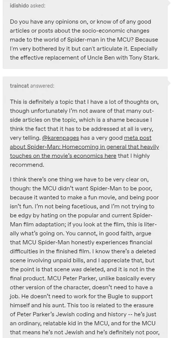 this reminds me of this Fantastic write up by Traincat on tumblr about the economics of the current Mcu spider-man vs comics and i'm going to link it here cause it is a fantastic read   