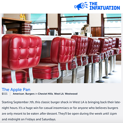 Thanks to @infatuation_la for giving a shout-out to our new, late-night hours in their '5 Exciting Things To Do & Eat In LA!' NOW OPEN until 11PM weeknights & Sun., and Midnight Fri/Sat! #latenight #latenighteats #eeeeeats #burgers #diner #qualityforever