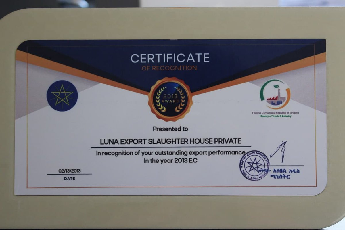 LunaPLC3's tweet photo. It's an honor to contribute to our country &amp; got recognized by MOTI as the 1st by generating larger foreign currency revenue in the meat export industry for the year 2013E.C.
We would like to congratulate &amp; appreciate our staff on their effort &amp; dedication. #awardwinning https://t.co/TL8I8LTU1Z