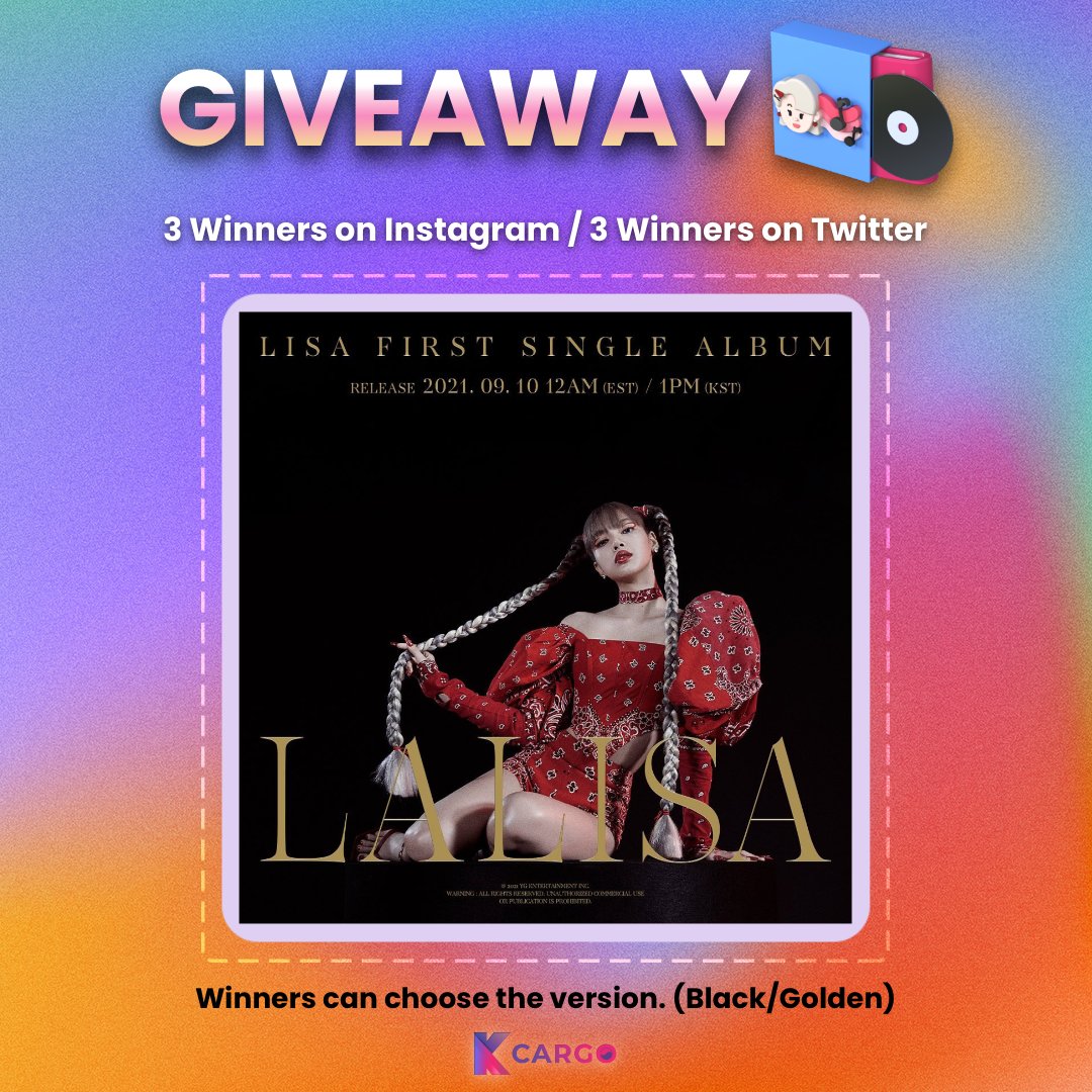 koboom_lgx's tweet photo. Kcargo is giving the solo album of Lisa to 3 Blinks.
How to join?✨
Follow, like and retweet
Sign-up https://t.co/k48qgA8V54
The giveaway ends on September 18th.
Good luck Blinks! 💕
#kpopgiveaway #kcargogiveaway #albumgiveaway #lalisa #lisacomeback #blinks #blackpink #kpopga https://t.co/wmNVeZEjmw