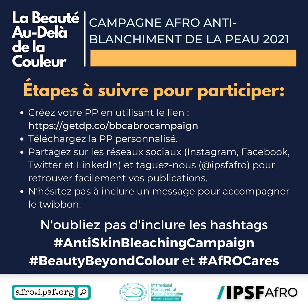 Nous sommes heureux de participer à  #AntiSkinBleachingCampaign.

Rejoignez-nous pour sensibiliser. Nous partagerons/republierons la même chose sur nos pages de médias sociaux et nos Statut.

Voici quelques étapes simples pour vous permettre de participer.

#BeautyBeyondColor