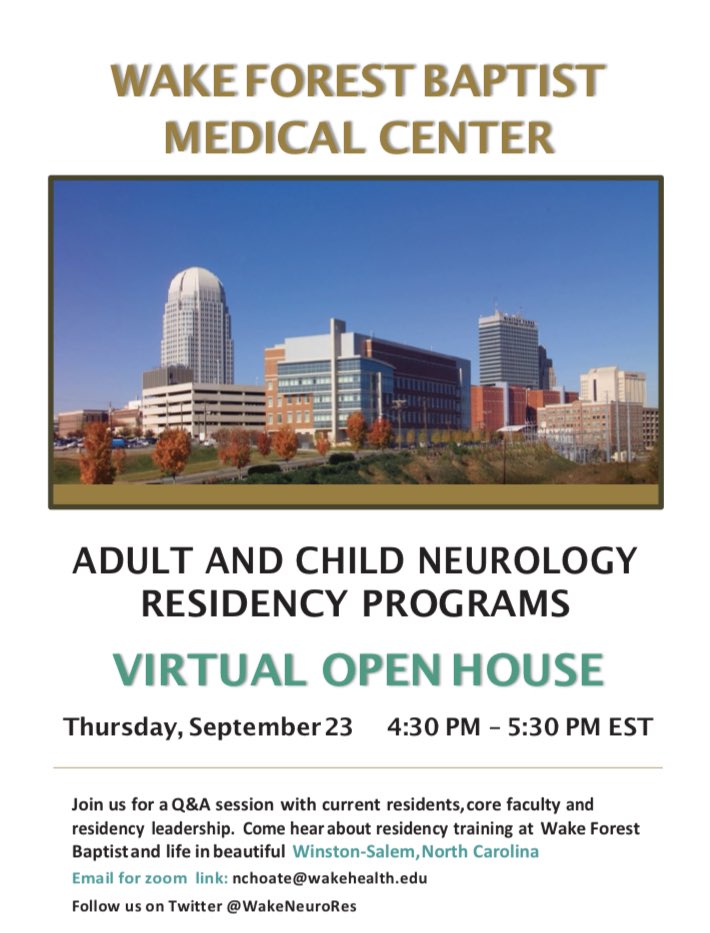 #futureneurologists come check out @WakeNeuroRes. Excited to see meet you and talk about fantastic training @WakeNeuro @johnmwright12 @AnastasiaRaile4 @dan_lapid @SuzanRFMD @MichaelWilshir6 @DrMFigurelle @ReganJoLemleyMD @timeisbrain @StraussHeadache @RebeccaWellsMD @aartisarwal