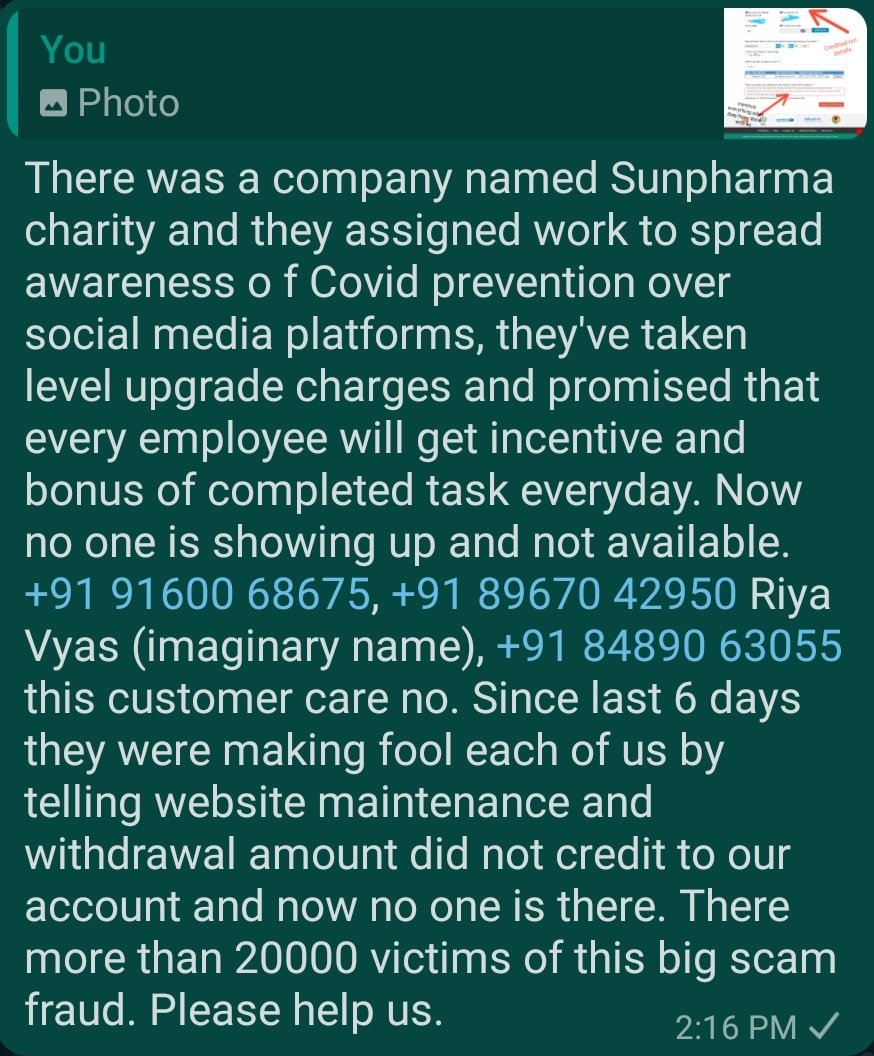 thekrishrajput's tweet image. Sir, @DCP_CCC_Delhi @Cybercellindia @MahaCyber1 @CybercrimeCID we've been scammed by a company sunpharmain.com they've taken crores of ₹ From us& offered daily tasks incentive but now they are disappeared. It was a very big fraud
#OnlineFraudSunPharma
#CyberScamSunPharma