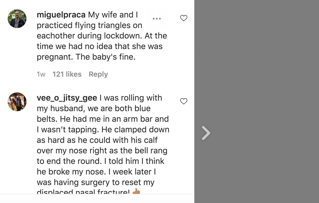 *BEST BJJ COUPLE STORY WINNER*⁠ @miguelpraca 'My wife and I practiced flying triangles on eachother during lockdown. At the time we had no idea that she was pregnant. The baby's fine.'