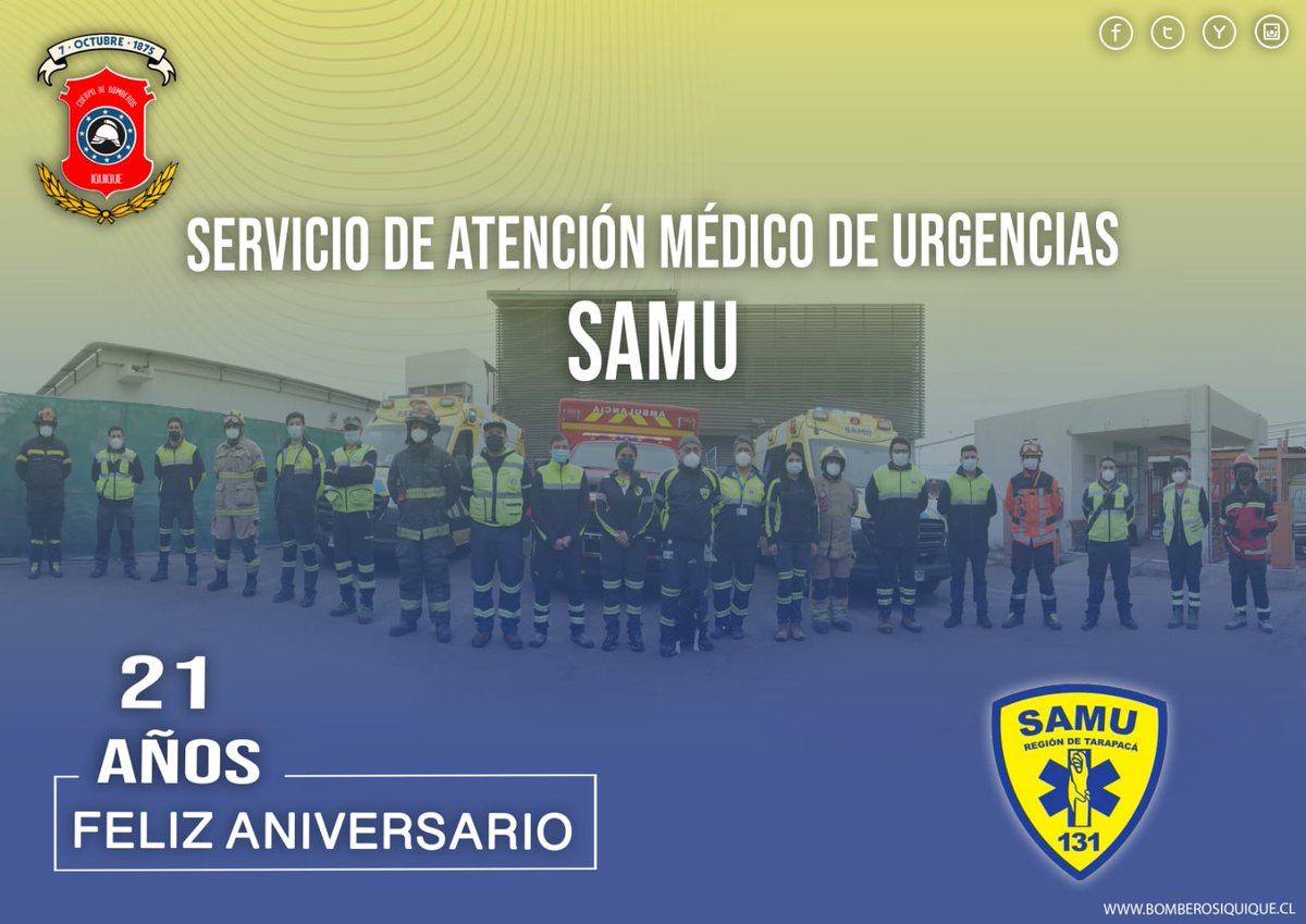 En nombre del Honorable Directorio General del Cuerpo de Bomberos de #Iquique Enviamos un fraternal saludo al Serviciode Atención Médico de Urgencias <a href="/SamuTarapaca/">SAMU Tarapacá</a>, Quienes hoy 8  de septiembre cumplen 21 años de vida al servicio de la región.

#iquique