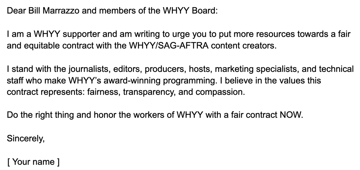 <a href="/whyy/">WHYY</a> Want to help us in our fight for a fair + equitable contract?

Send the following message to <a href="/WHYY/">WHYY</a> CEO Bill Marrazzo + the WHYY board to show your support.

Email draft copy → bit.ly/3tjgTsI
