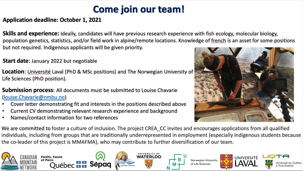 Only a few more weeks to apply for a PhD position working on genomics of alpine salmonids in #ChicsChocs Mtn of QC as part of our team <a href="/ibis_laval/">IBIS-ULAVAL</a> <a href="/universitelaval/">Université Laval</a>. <a href="/Crea_cc/">CRÉA_CC</a> is a partnership w AGHAMM a Mi’gmaqs org responsible for mnt of aquatic resources