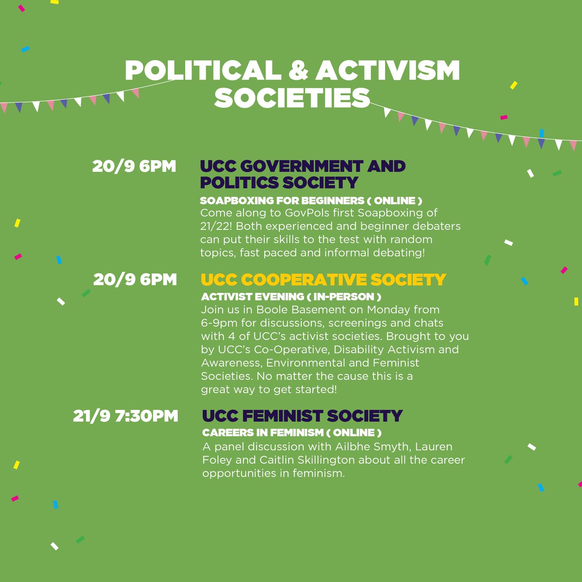 uccsocieties's tweet photo. Here is the #GiveItAGo Schedule for the Political and Activism Societies!

Check out the full list in our bio! 

#UCCSocieties https://t.co/XWa5vdiTWL