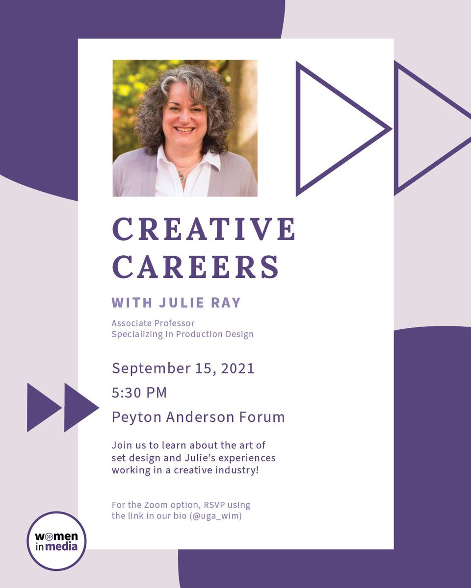 uga_wim's tweet photo. Our first general body meeting of the semester is a week away! ✨ Join us as we welcome Julie Ray, set designer and Associate Professor at UGA, to discuss her experiences in a creative industry. See you next Wednesday! https://t.co/agrEufLC1U