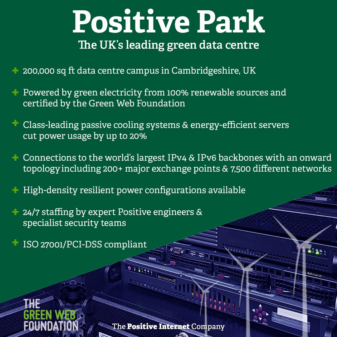 With #energy usage from data centres DOUBLING every four years, it’s more important than ever to think about your #digital presence and its impact on the #environment.

We are incredibly proud to say that our data centre campus Positive Park runs on 100% #renewableenergy.