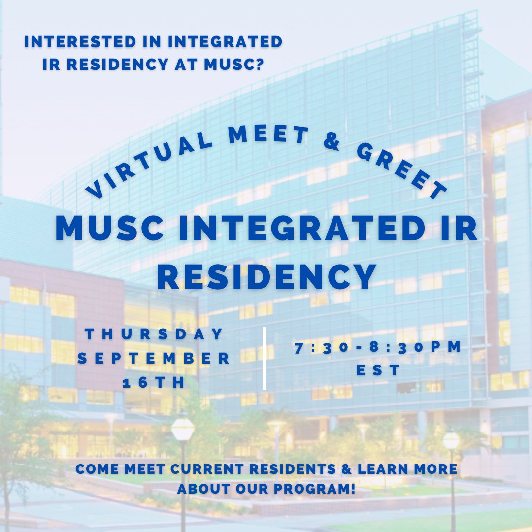Interested in IR Radiology at MUSC?! Join us on Thursday September 16th for a virtual Meet &amp; Greet session! Use the link below to connect to our session (Scroll down to Southeast to find Medical University of South Carolina!); we hope to see you there!
ow.ly/ECUe50G5Hdz