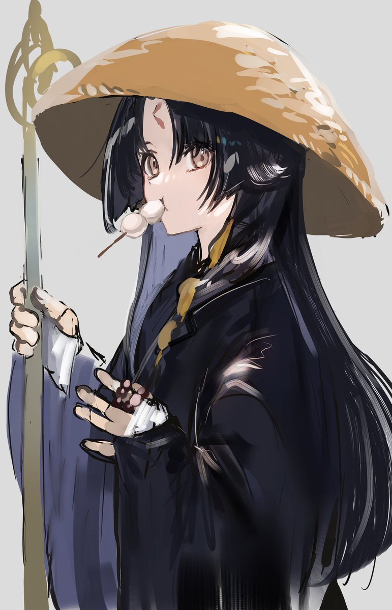 1girl solo black hair long hair food holding hat  illustration images