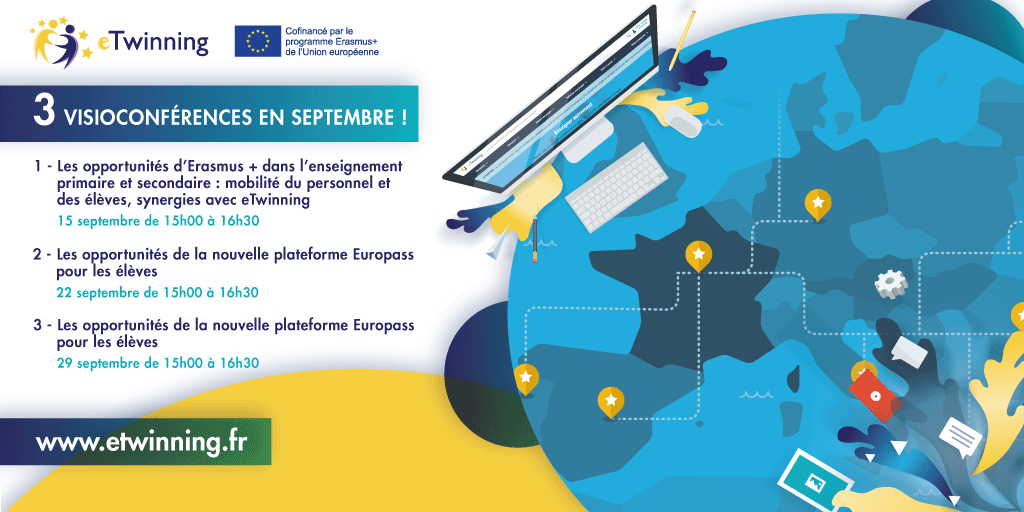 📅💻Durant le mois de septembre, #eTwinning vous donne rendez-vous pour 3️⃣ #visioconférences⤵️

1️⃣Les opportunités d’Erasmus +
🌐bit.ly/1erevisio

2️⃣Les opportunités d'Europass
🌐bit.ly/2eVisio

3️⃣La recherche de partenaires sur eTwinning
🌐bit.ly/3eVisio