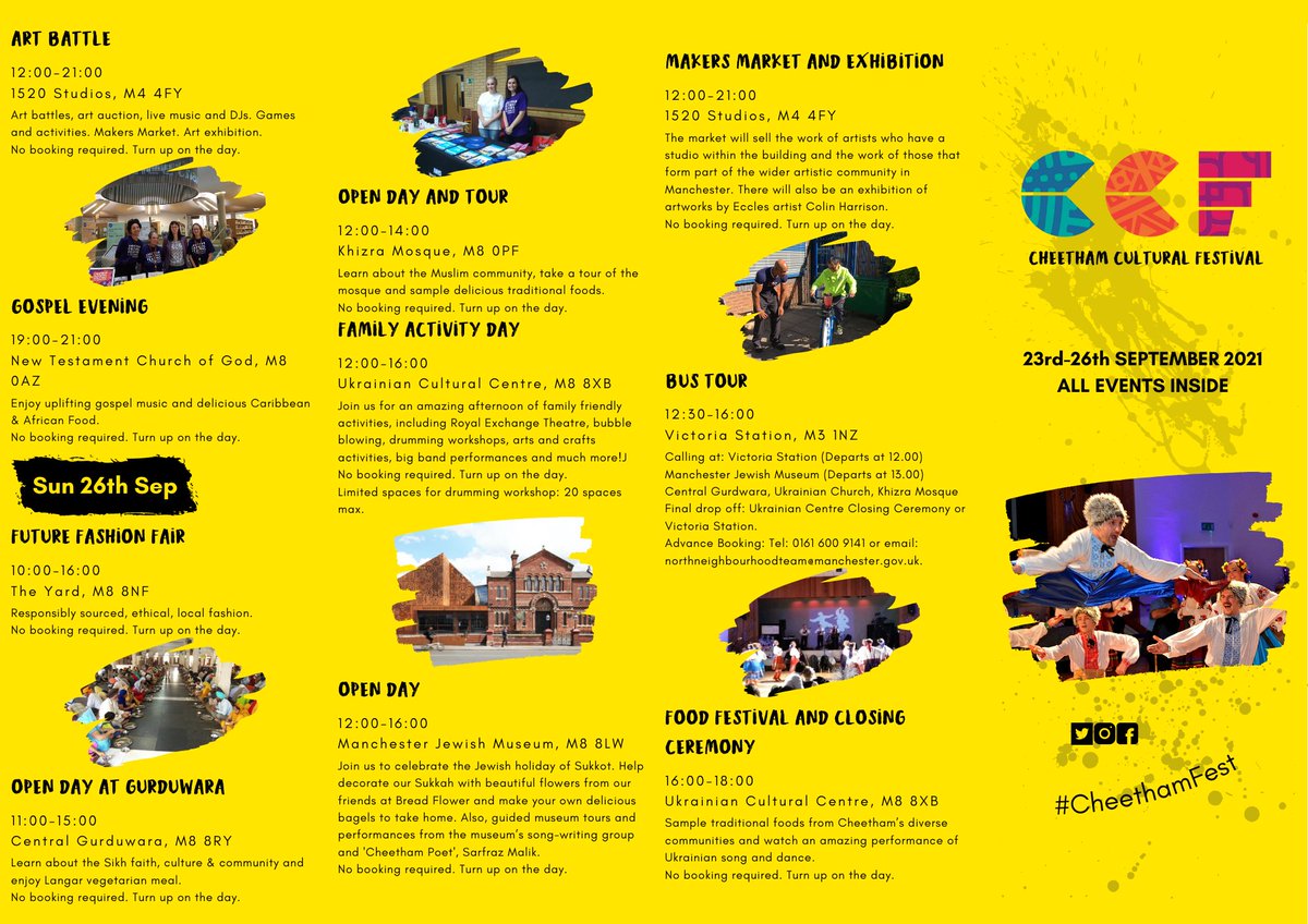 Here's the programme of events for this year's Cheetham Cultural Festival. The festival takes place across Cheetham from 23 to 26 September and all events are free.

More info on the connected tweet.