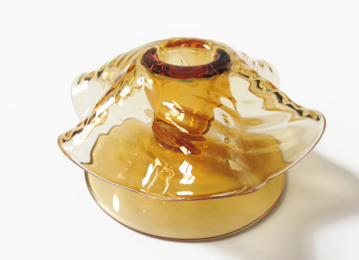 Single Mushroom Glass Candlestick Holder Vintage Rolled Amber Art Glass Candle Holder Golden Ocher Hued Fall Autumn Thanksgiving Home Decor etsy.me/3DXcIaS #gold #thanksgiving #yellow #entryway #artdeco #singlecandleholder #glasscandleholder #candlestickholder