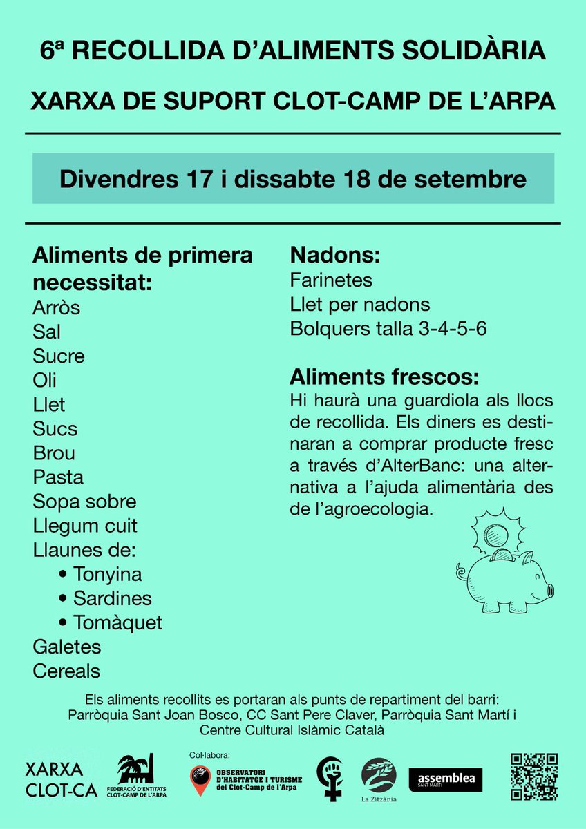 Sisena recollida solidària d’aliments i productes de primera necessitat. També recollirem diners per comprar menjar fresc amb @AlterBanc El 17 i 18 de setembre volem un barri organitzat contra l’exclusió social! 1/2