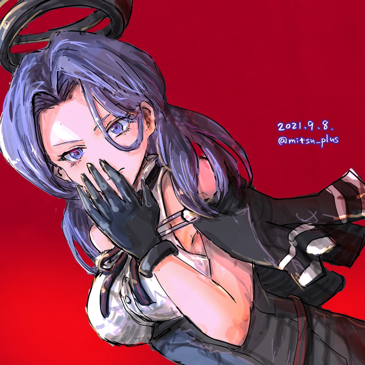 tatsuta (kancolle) 1girl solo halo red background dated gloves purple hair  illustration images