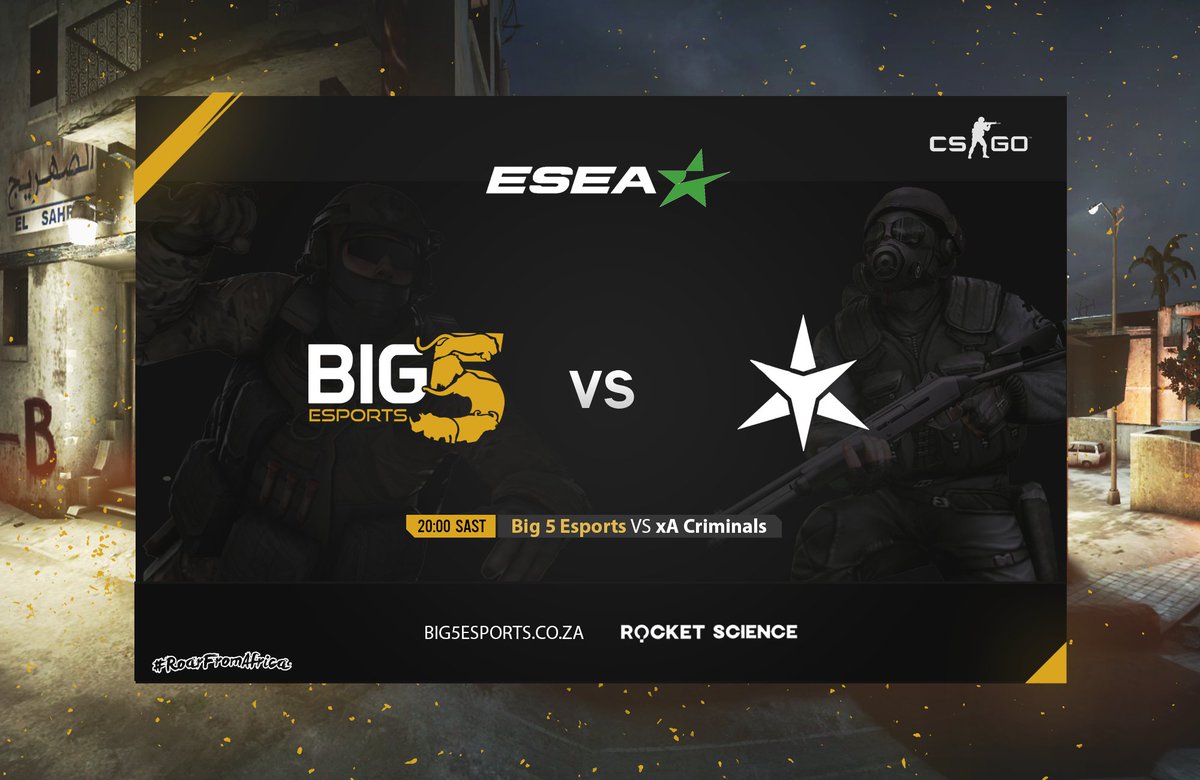 Big5Esports's tweet image. We have a game tonight for @ESEA IM League. Our #CSGO lads are facing off against @xAcriminals in a BO1 on Mirage. 

Stream: twitch.tv/big5_live

We&apos;re doing streams in-house from now on, so it should be a blast.

#RoarFromAfrica 🦁
@RocketScienceZA 🚀