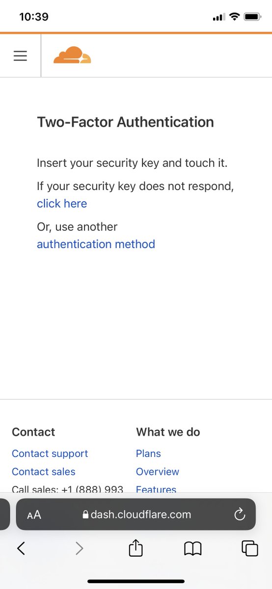 itwasDNS's tweet photo. @CloudflareHelp I am running the current iOS 15 beta and I’m not being prompted to use a security key when trying to log in (I have a Yubikey 5 NFC that works for this purpose). Known issue? Something I’m missing? https://t.co/f9YVjGQ7E5