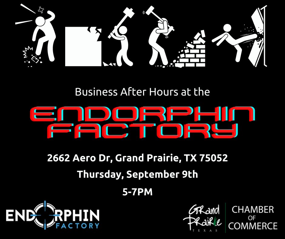 TOMORROW is our Business After Hours at the Endorphin Factory located at 2662 Aero Dr. From 5-7PM, come hang out and see what Endorphin Factory is all about! Bring your business cards to network while enjoying food, drinks, and fun! 
See you there!