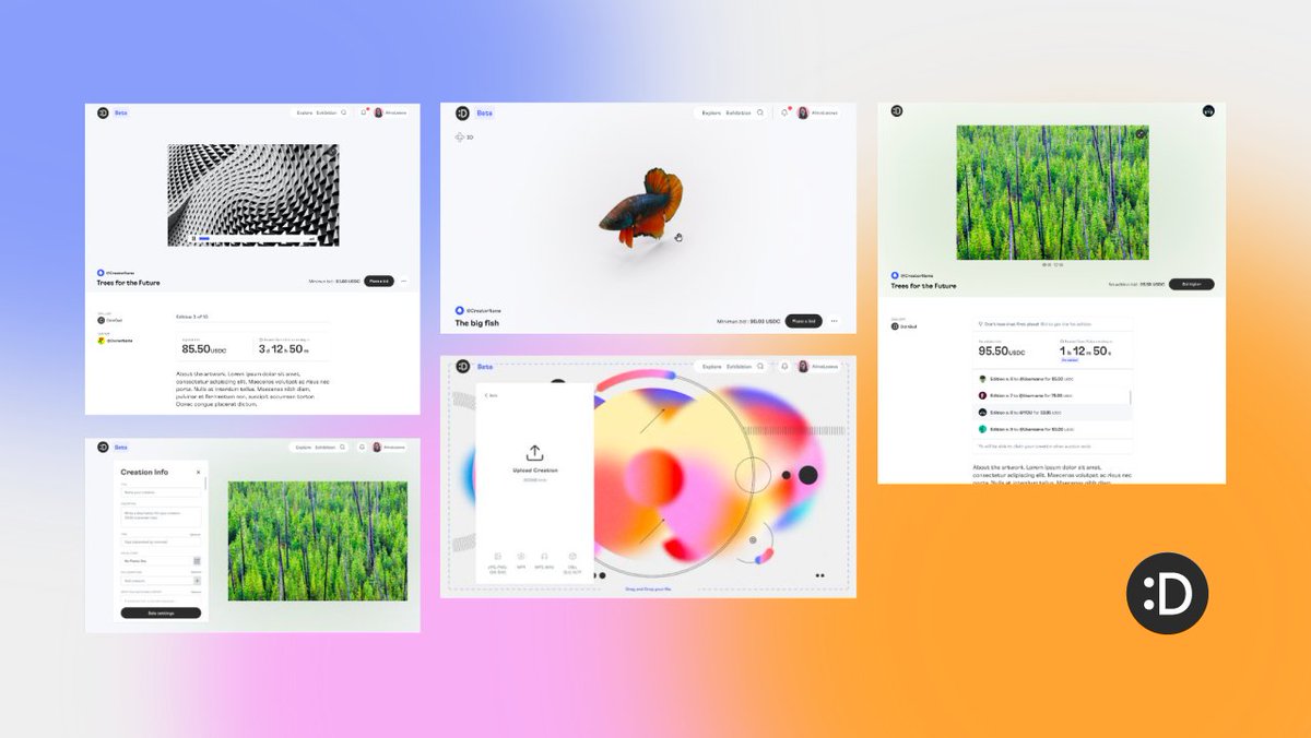 Sneak peek into our NFT platform 👀 ✨

Product preview showcasing 1/ pages of the Artwork Upload Flow for creators and 2/ multiple views of the NFT visualization and bidding interface for collectors

Yet another amazing job from our super talented team 🙌