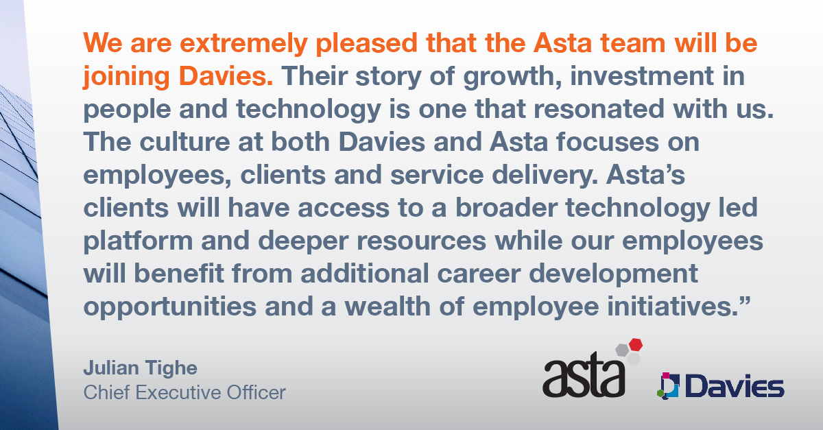 All of us at Asta are looking forward to working with the <a href="/Davies_Group/">Davies</a> team as we embark on the next phase of our growth.bit.ly/3yYWryp