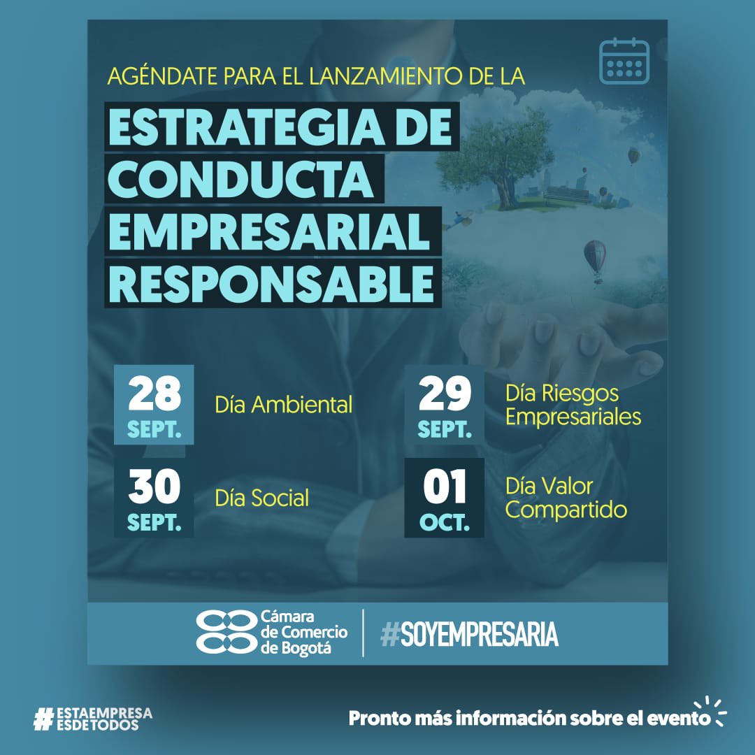 Acompáñanos al lanzamiento de la estrategia de Conducta Empresarial Responsable de la <a href="/camaracomerbog/">Cámara de Comercio de Bogotá</a> y conoce por qué su incorporación en las empresas abre nuevos mercados y promueve la competitividad

zoom.us/webinar/regist…