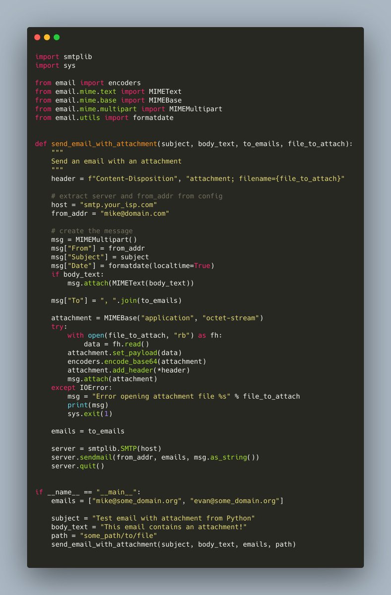 SudheerPhDJNU's tweet image. #Rython
You can send email attachments with #Python too. All you need is Python&apos;s built-in `email` module combined with the `smtplib` module
Here is a distilled code example that should work: