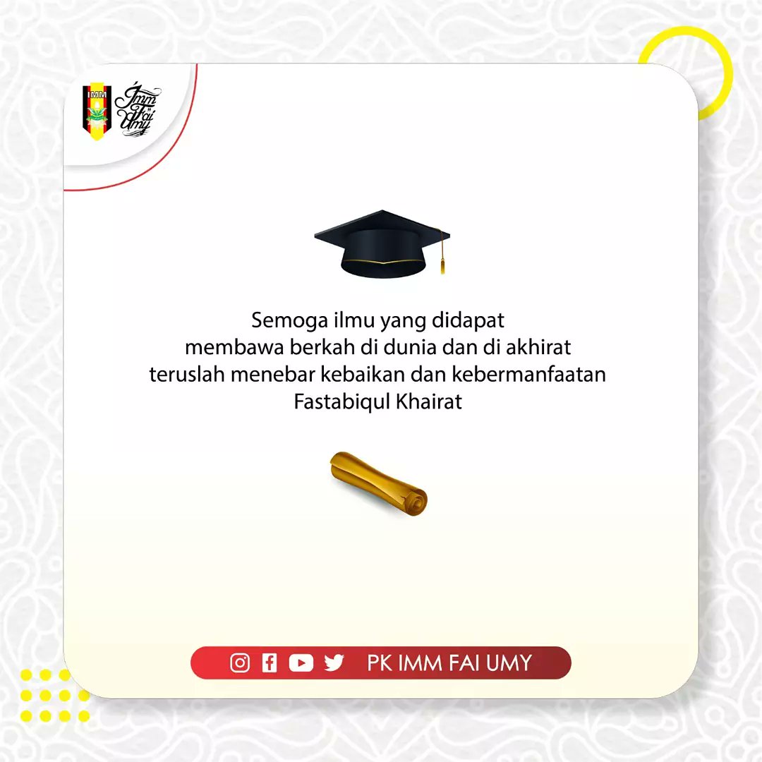 PK IMM FAI UMY mengucapkan, 
Selamat kepada wisudawan dan wisudawati program Vokasi, Sarjana, dan Pascasarjana periode I tahun 2021/2022 yang telah menyelesaikan jenjang pendidikan di Universitas Muhammadiyah Yogyakarta.