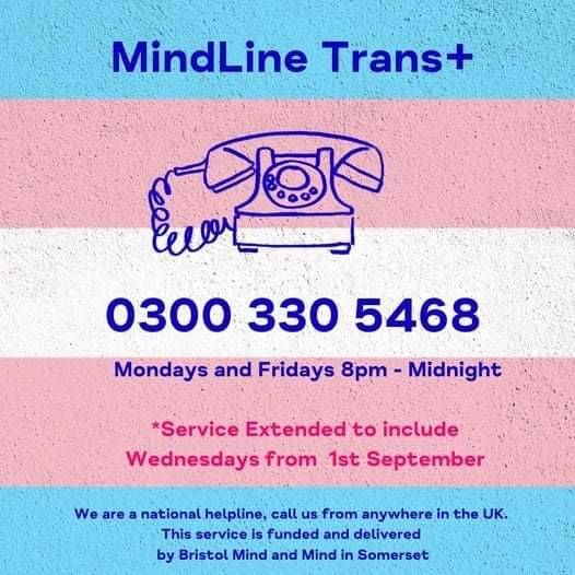 Swindonwiltspri's tweet image. We are very pleased to announce that the Trans+ service is now available every Wednesday from 8PM until Midnight

As well as Mondays and Fridays (8PM until Midnight). 0300 330 5468

#mindlinetrans