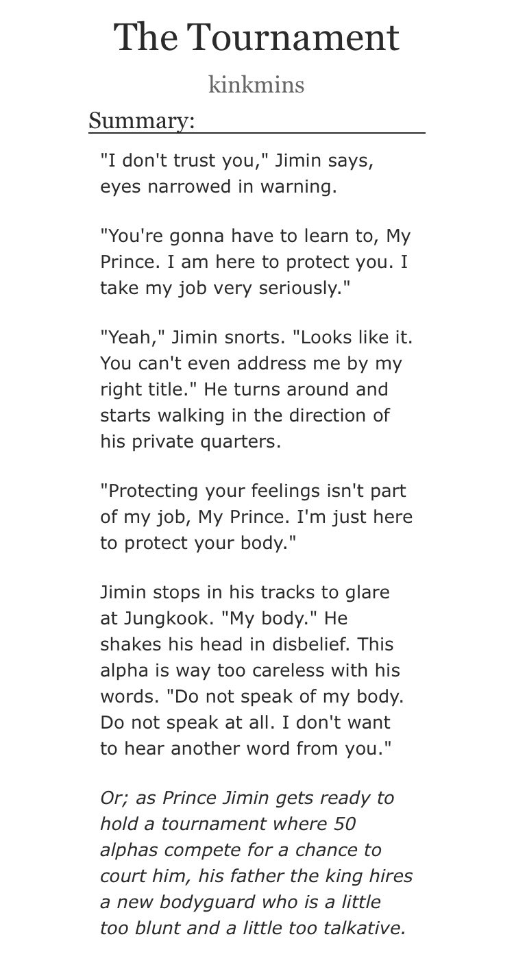 Jikook Ao3 Fanfic Recs The Tournament By Kinkmins T Co Uuiowodxsz 35k Prince Omega Jimin Confident Bodyguard Alpha Jk Down To Earth Courting Fluff T Co 3kxo9l2td2 Twitter