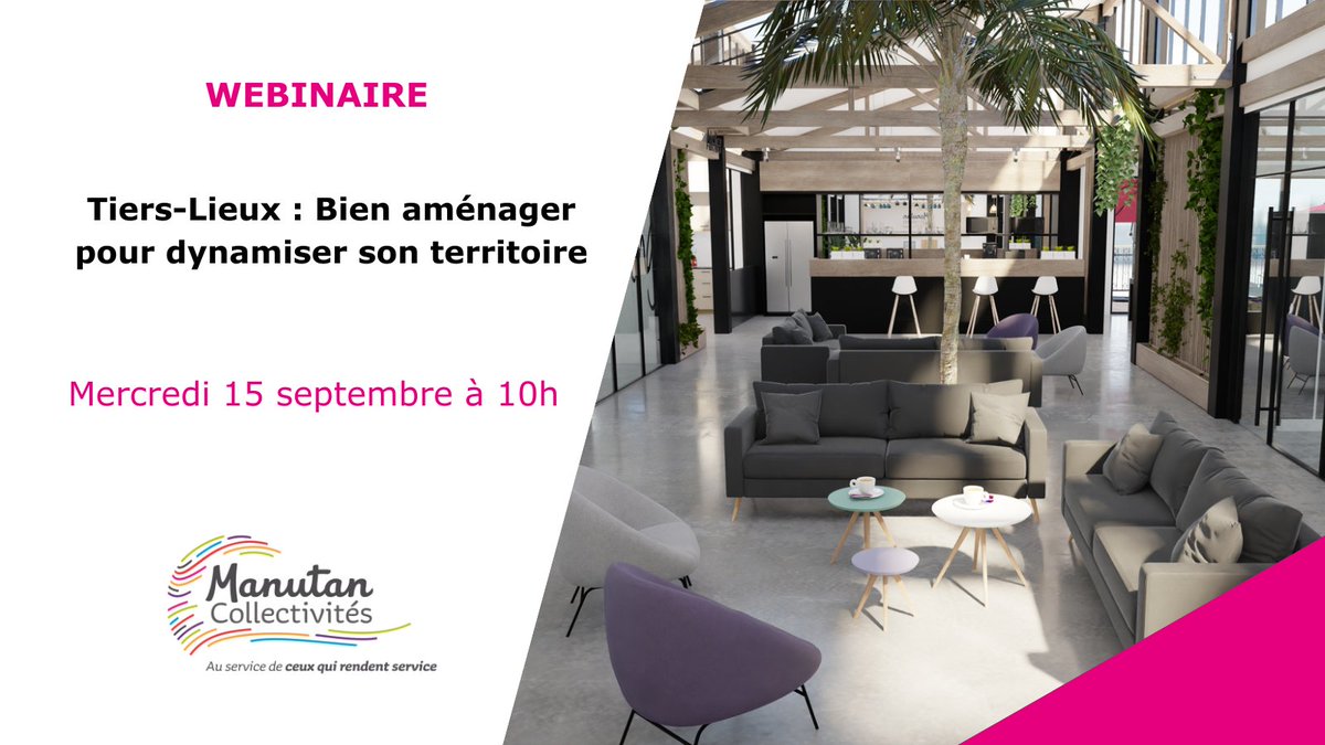 Manutan_Coll's tweet photo. Manutan Collectivités vous invite à son 1er webinaire sur le thème des #tierslieux mercredi 15 septembre à 10h.✨ Inscrivez-vous afin d’en savoir plus sur ces espaces de rencontre et découvrez comment bien les aménager pour dynamiser votre #territoire.
👉 https://t.co/E1PkO1c8l4 https://t.co/AYm94SHca1