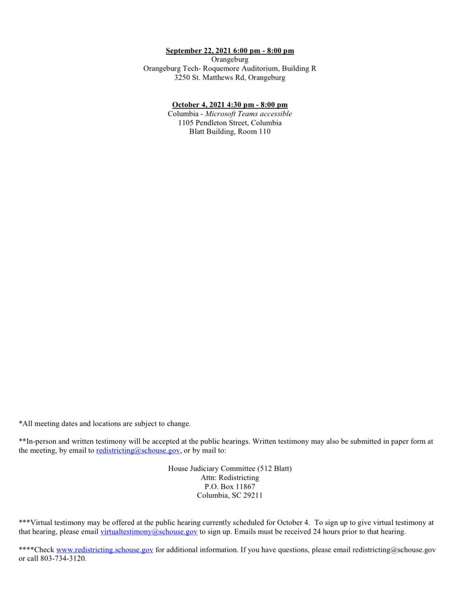 RepWetmore's tweet image. Reminder! SC House Redistricting Public Hearings begin tonight.  The committee will be in North Charleston September 15 and the final virtual hearing will be October 4.  Please feel free to call or message me with questions!